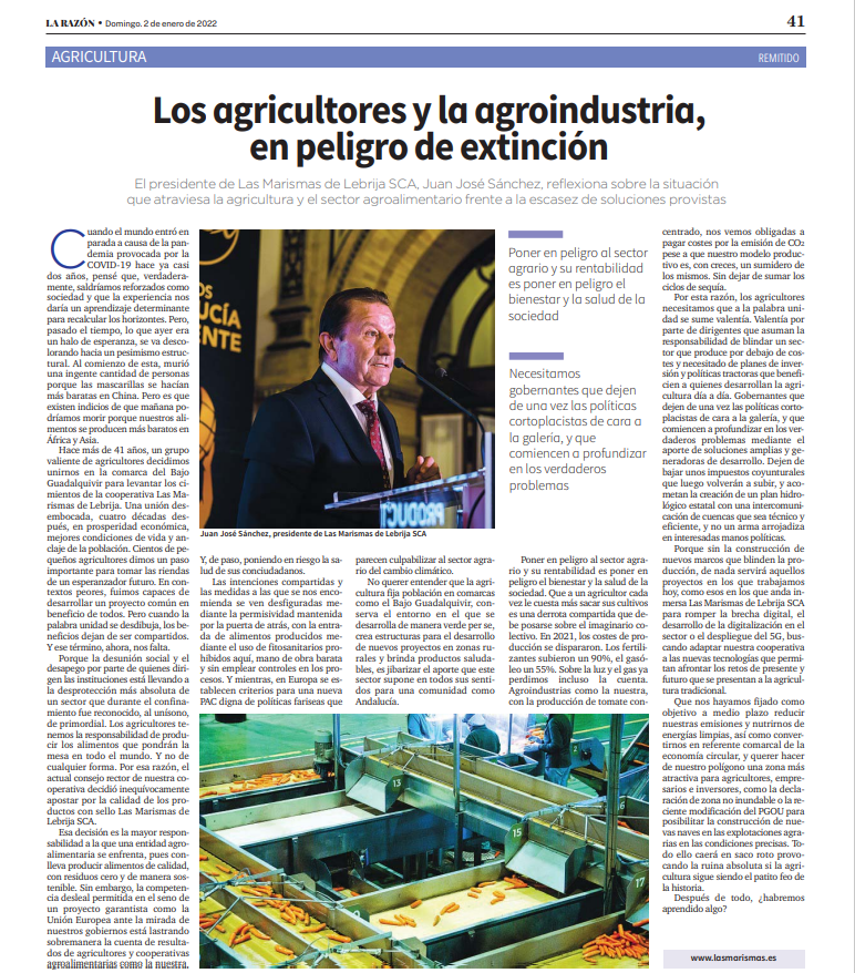 Artículo Los agricultores y la agroindustria en peligro de extinción de la cooperativa Las Marismas de Lebrija en periódico La Razón